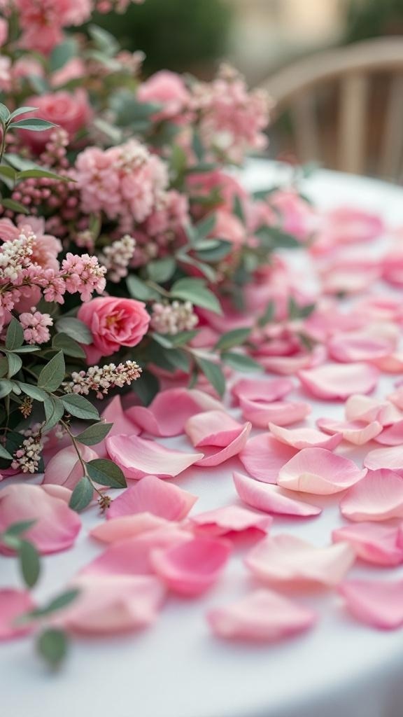 A beautiful arrangement of pink flowers and petals on a table.