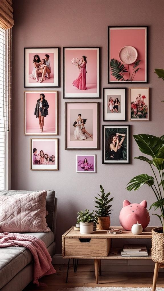 A pink-themed gallery wall featuring various framed photos and art pieces.