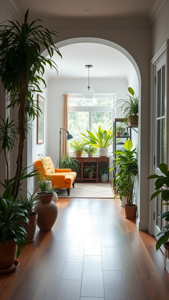 A cozy entryway leading into a living room filled with various plants and an orange sofa.