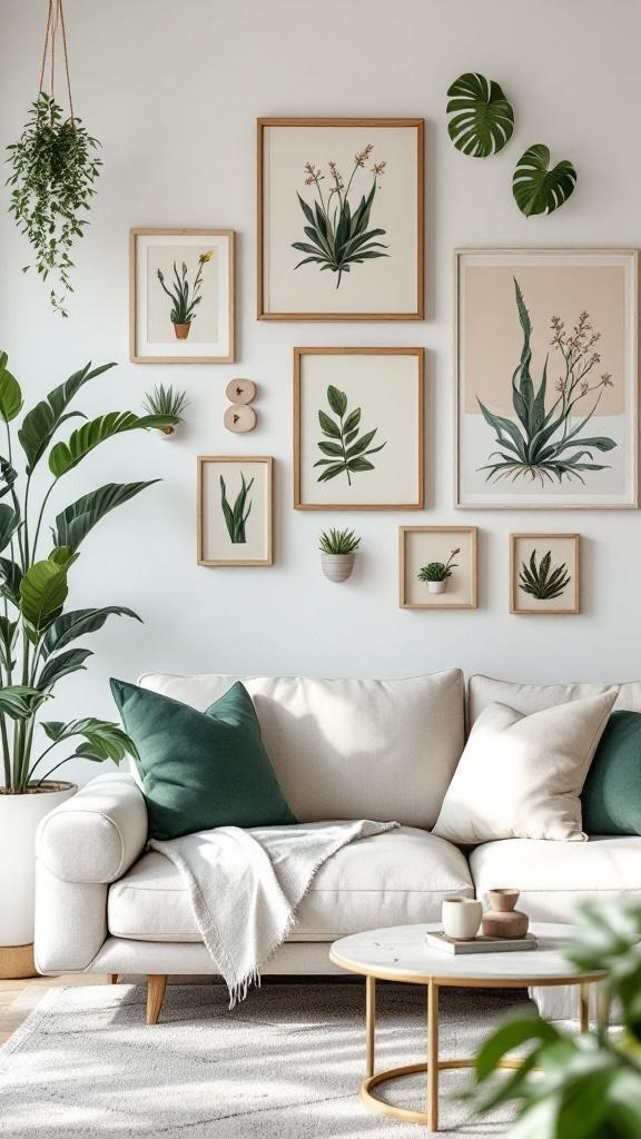 A cozy living room with plant-themed wall decor, featuring framed botanical prints and a hanging plant.