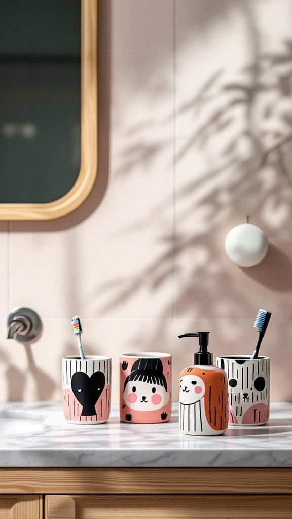 Colorful bathroom accessories featuring animal designs on a marble countertop.