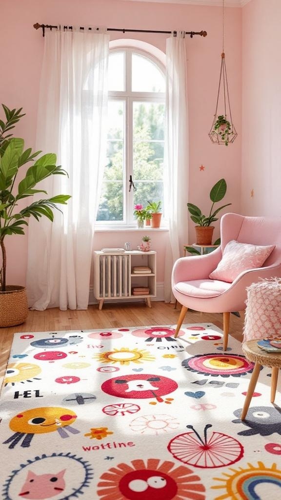 A colorful area rug with playful animal designs in a pink-themed apartment.