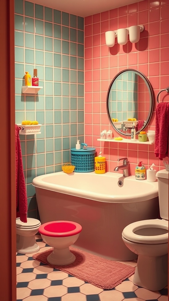 A colorful 70s style bathroom with playful accessories.