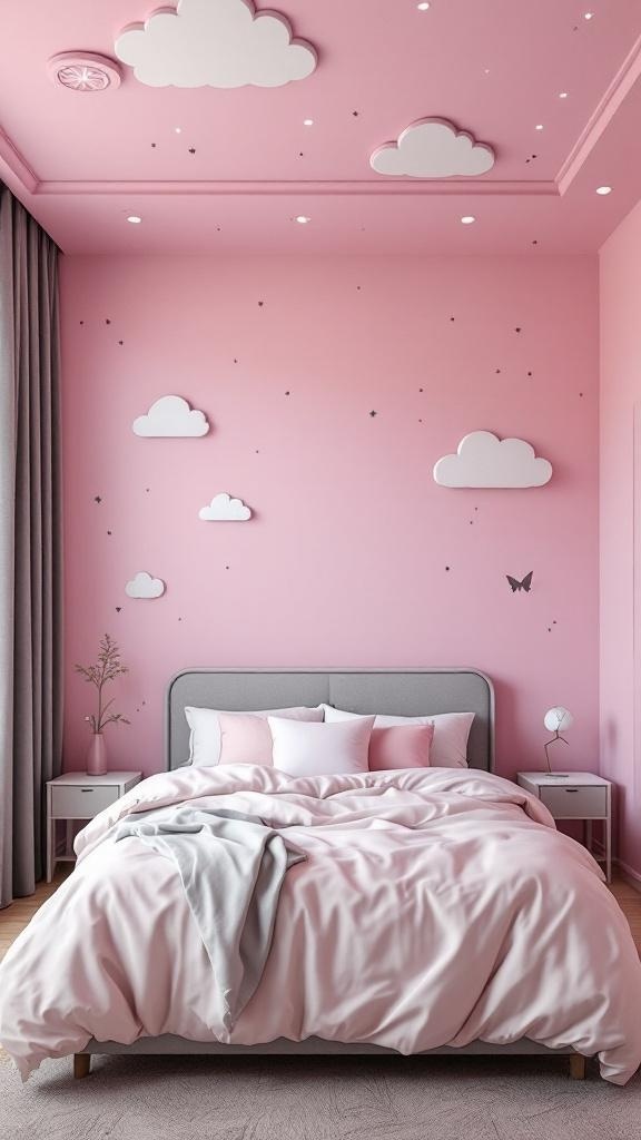 A pink bedroom with cloud-shaped ceiling designs and soft bedding.