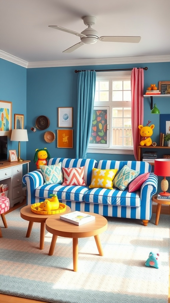 A vibrant living room featuring a striped blue sofa with colorful cushions and playful decor.
