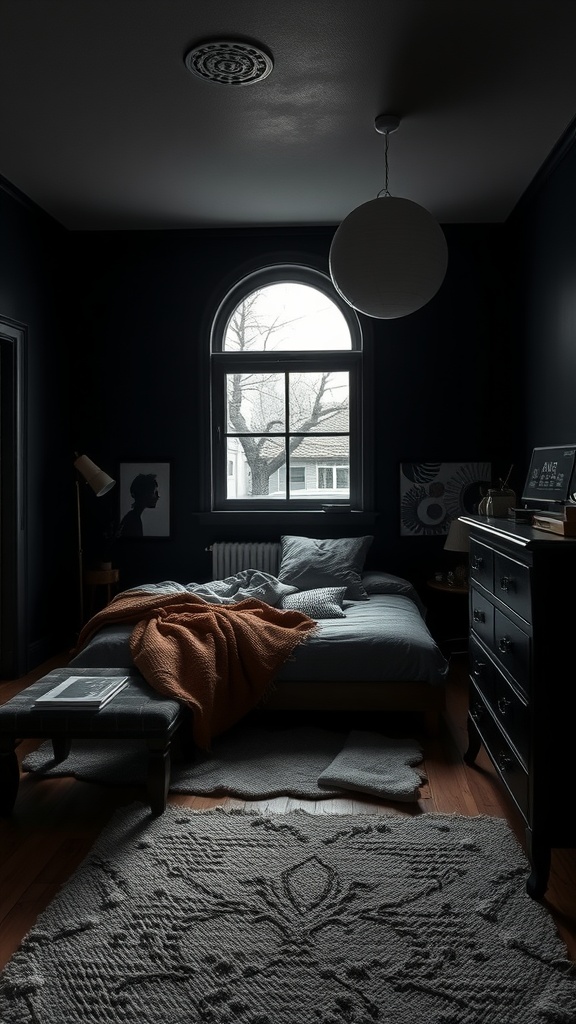 A cozy black bedroom featuring plush area rugs and warm bedding.