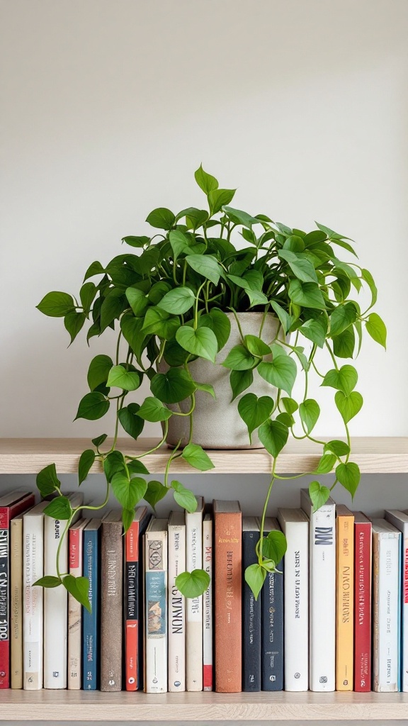 A pothos plant with lush green leaves trailing over a bookshelf filled with books.