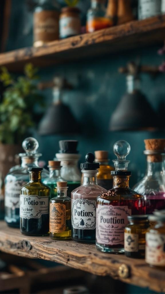 A collection of colorful potion bottles on a wooden shelf.