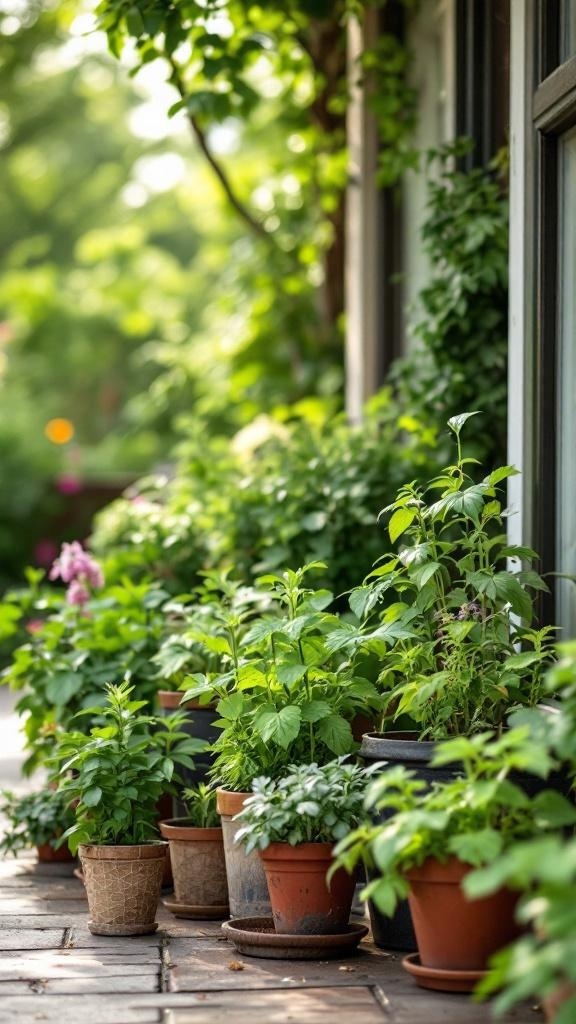 A collection of potted herbs on a patio, showcasing various plants in terracotta and ceramic pots.