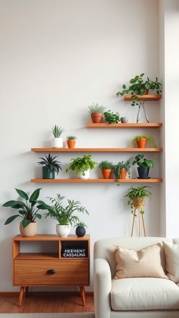 A cozy living room with floating shelves displaying various potted plants.