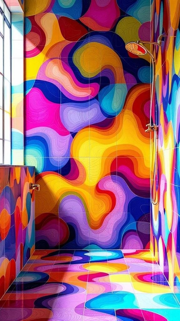 A colorful bathroom with psychedelic tile patterns featuring swirls of pink, blue, and yellow.