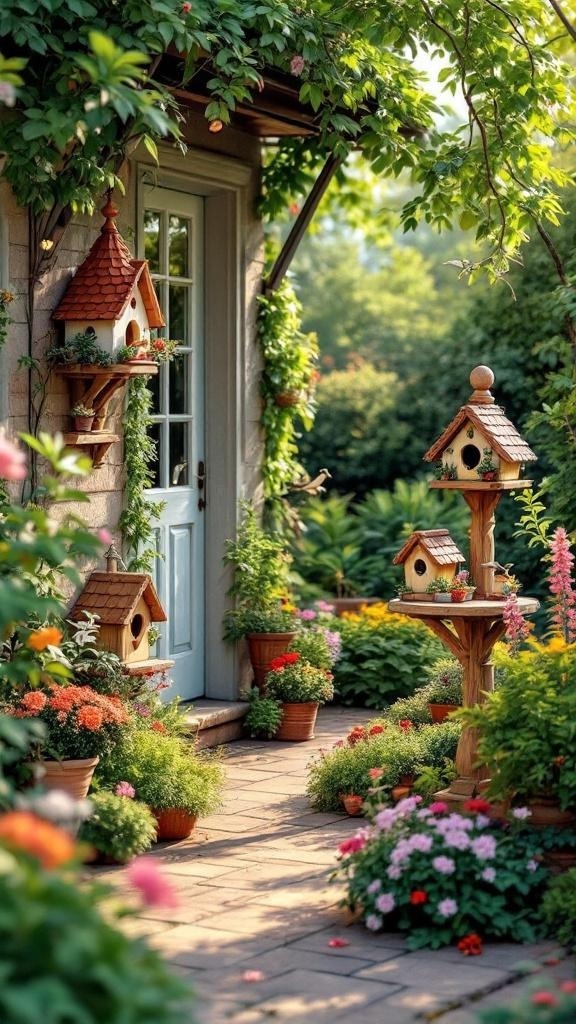 A cozy patio adorned with colorful birdhouses and vibrant flowers.