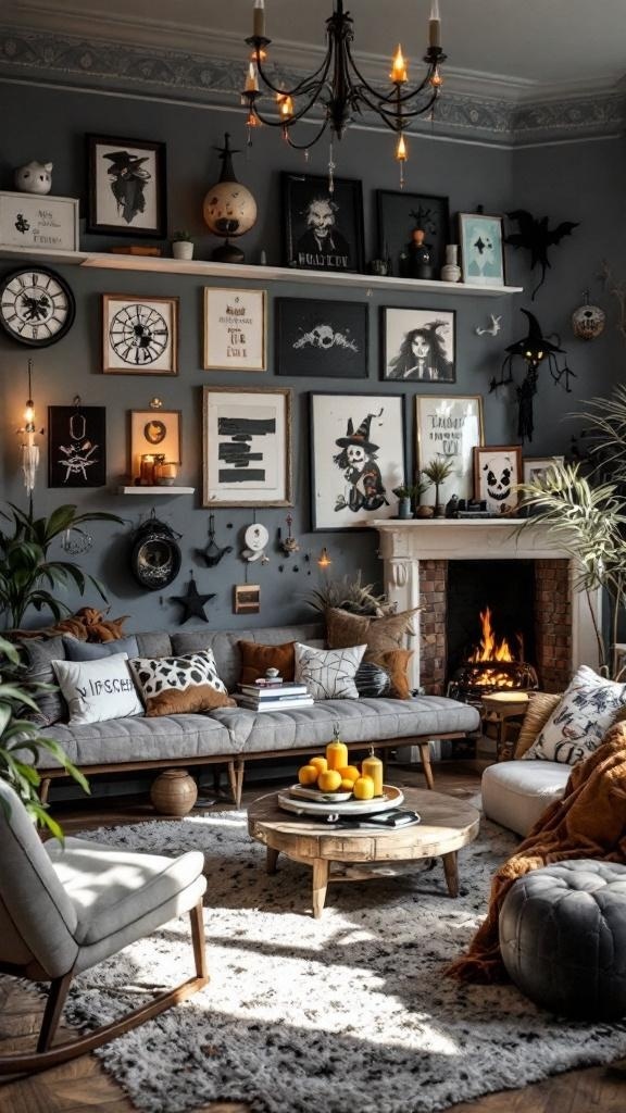 A cozy living room with witchy decor, featuring a mix of quirky decorative objects and art.