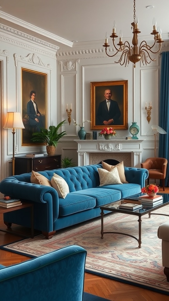 Living room featuring a blue chenille sofa with elegant decor and artwork.