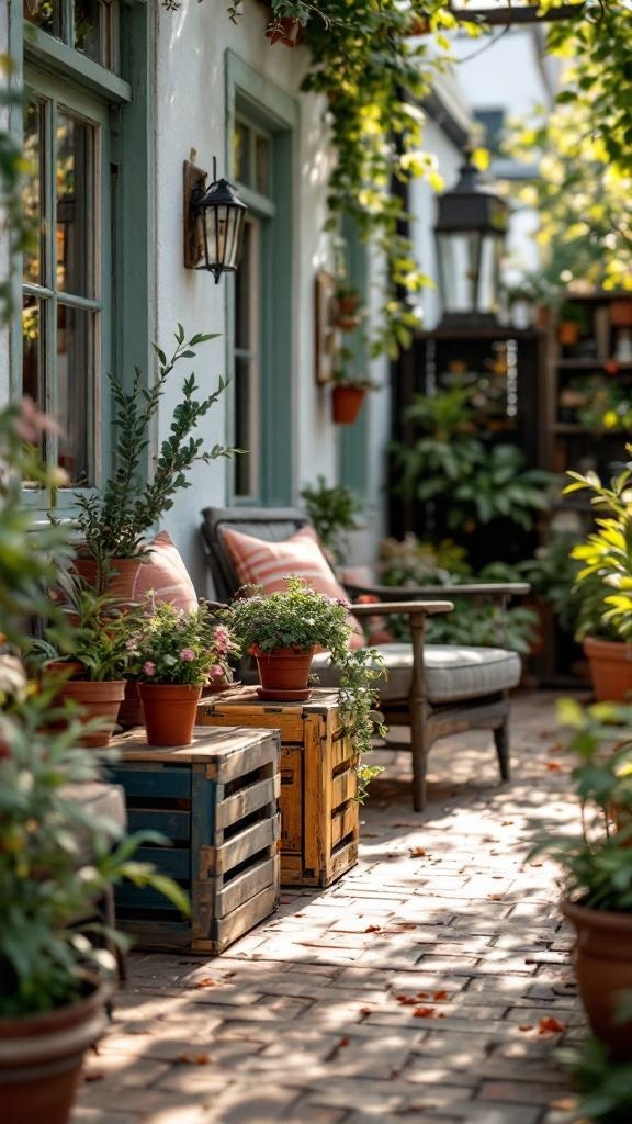 A cozy patio with wooden crates used as tables, surrounded by plants.