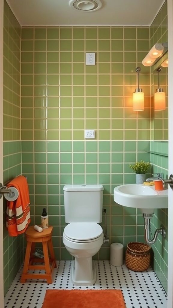 A retro bathroom featuring green tiles, orange accents, and funky fixtures.