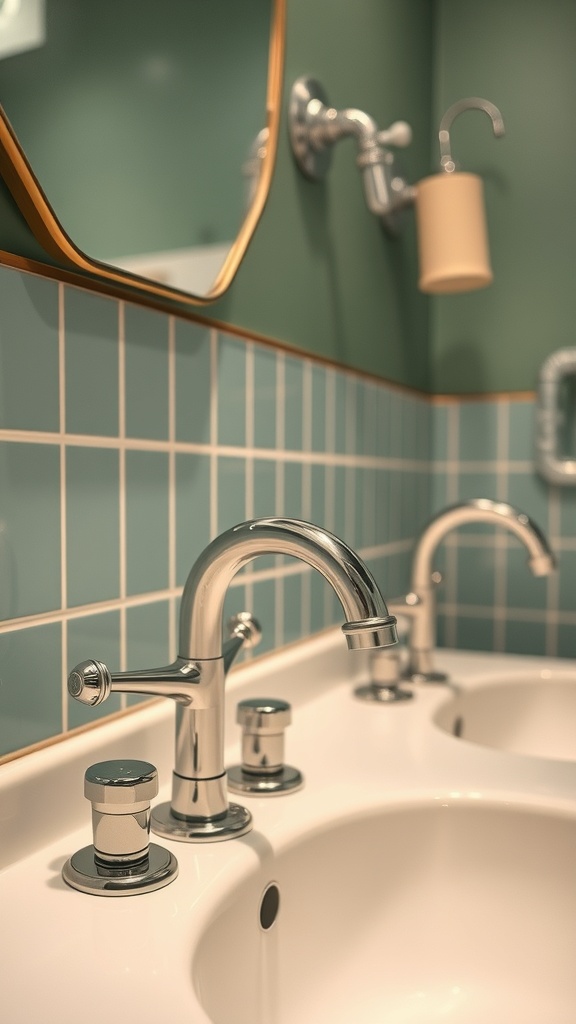 Close-up of retro bathroom faucets and handles with a modern design.