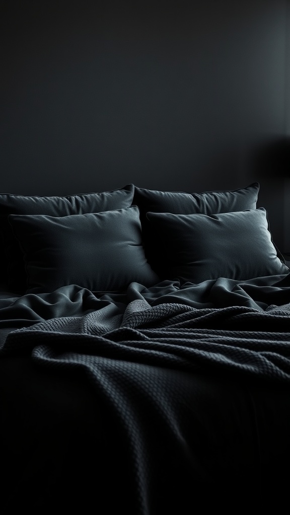 Cozy black bedroom with velvet accents and rich textures