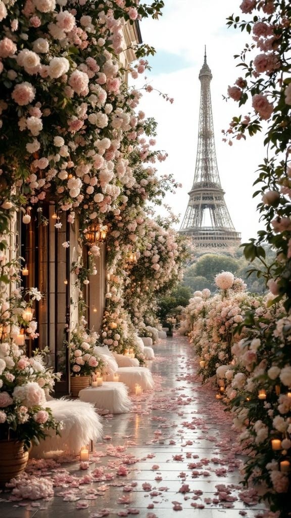 A romantic wedding setting in Paris with flowers and the Eiffel Tower in the background.