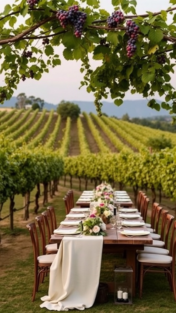 A picturesque vineyard with wooden tables set for a wedding, surrounded by grapevines and mountains.