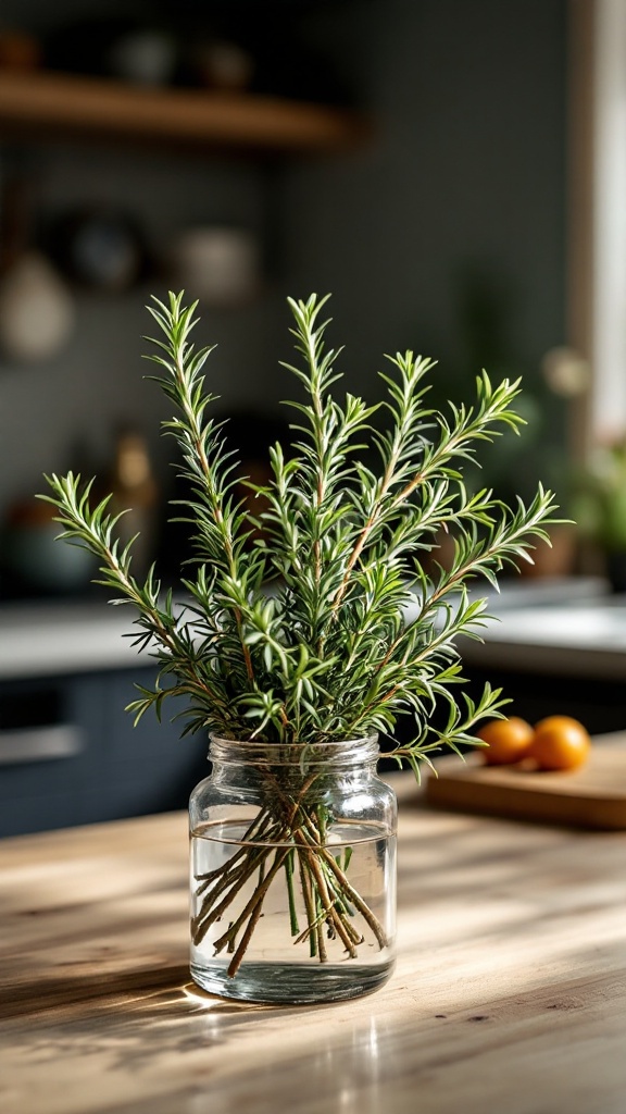A sprig of rosemary in a glass jar filled with water, placed on a wooden kitchen table.