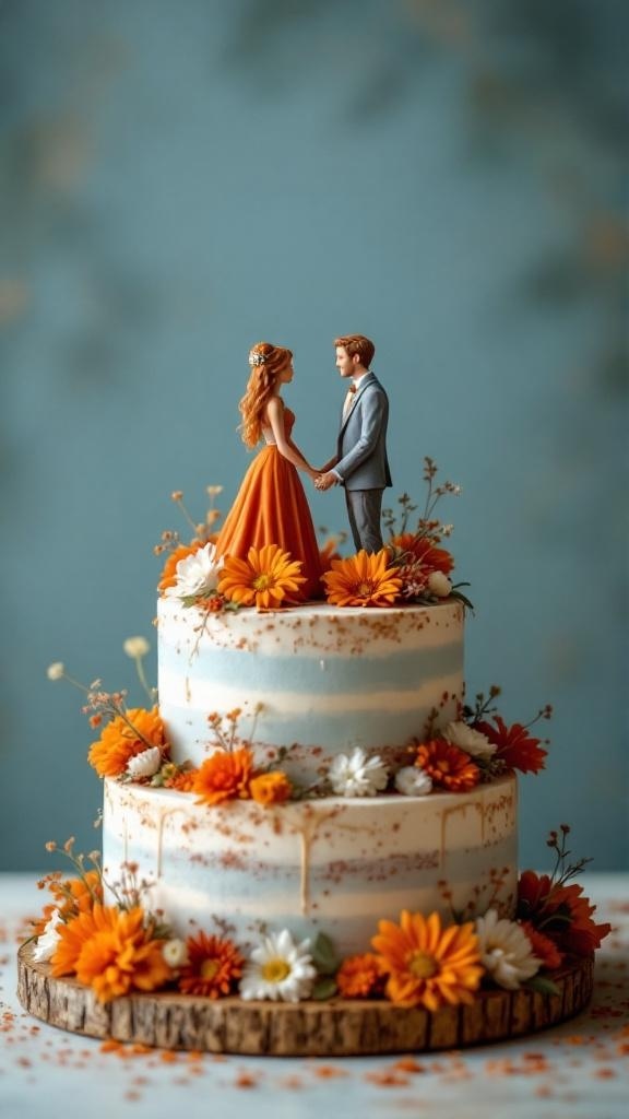 A wedding cake with a rust orange and dusty blue theme featuring a couple figurine on top surrounded by flowers.