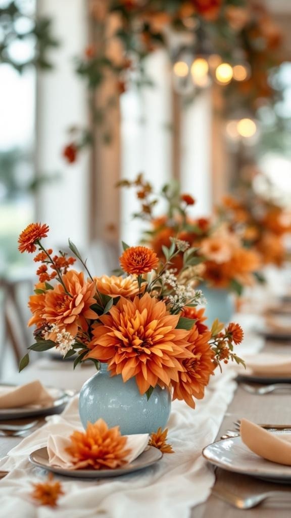 Beautiful wedding centerpieces featuring rust orange flowers in dusty blue vases.