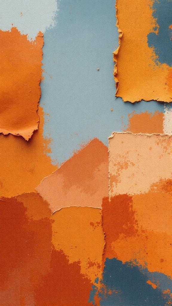 A collection of rust orange and dusty blue paint swatches.