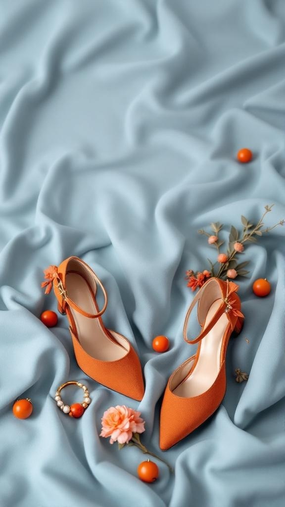 Rust orange bridal shoes and accessories on a dusty blue fabric