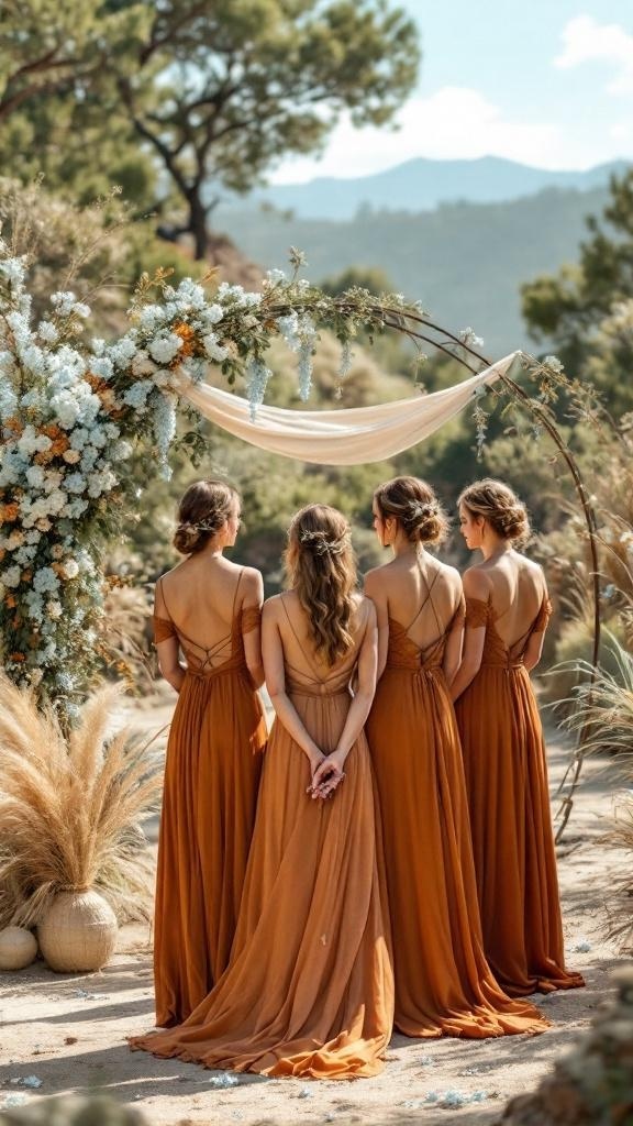 Four bridesmaids in rust orange dresses standing in front of a floral arch.