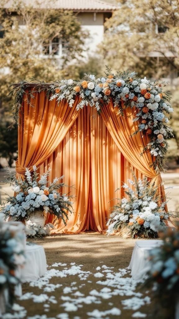Ceremony decor featuring rust orange drapes and floral arrangements in blue and white.