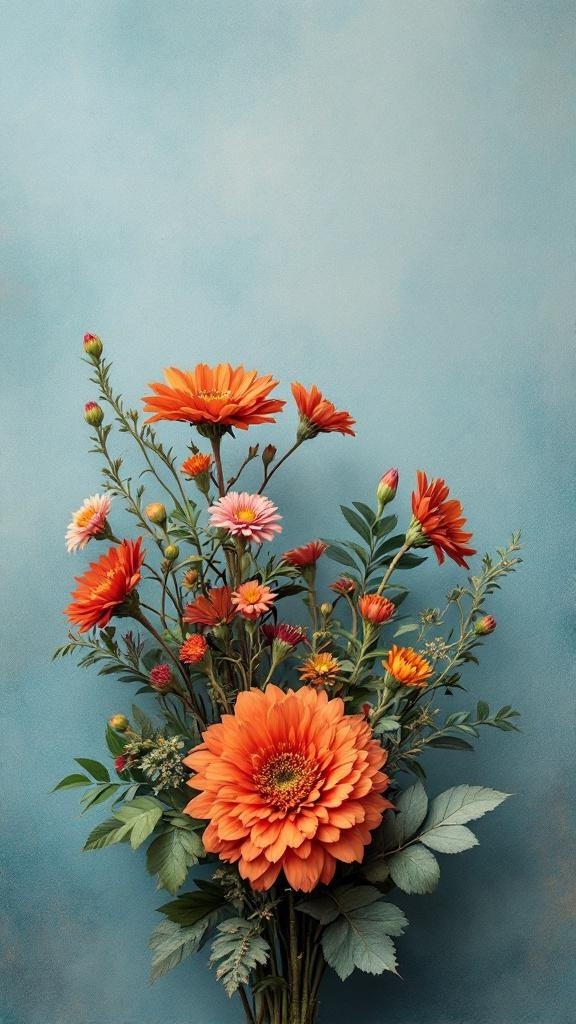 A bouquet of rust orange flowers against a dusty blue background.