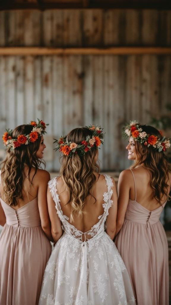 Three bridesmaids wearing rust orange floral crowns and matching dresses, standing together.