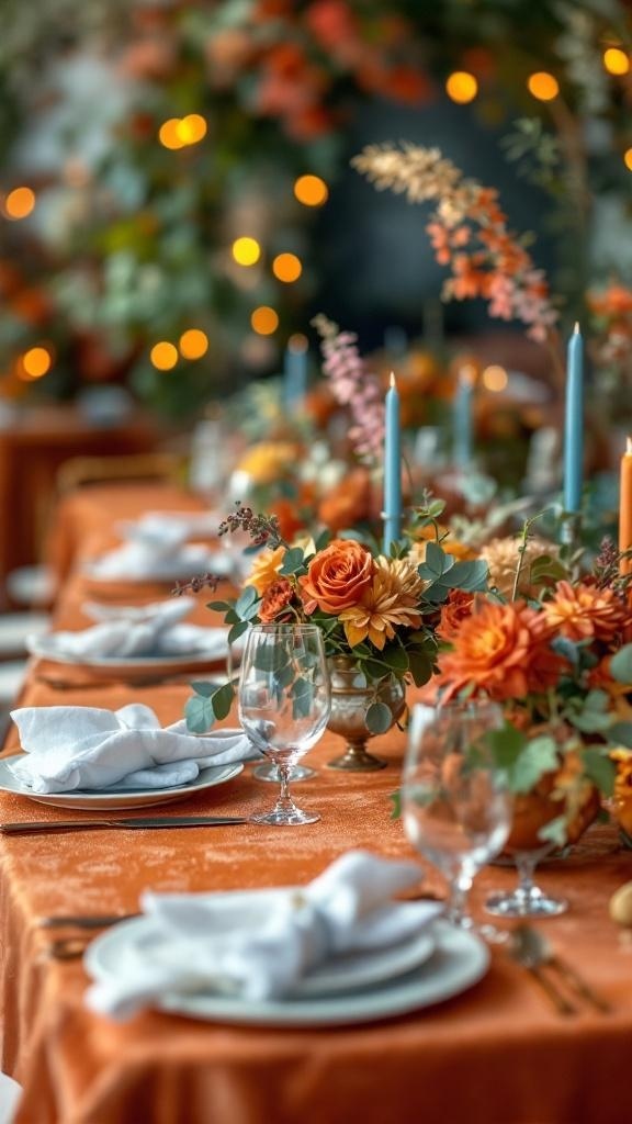 A beautifully set table featuring rust orange tablecloths, floral arrangements, and blue candles.