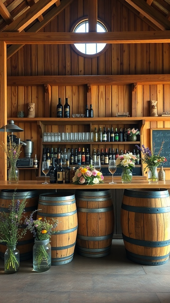 A rustic bar setup featuring wooden barrels and wildflowers in jars.
