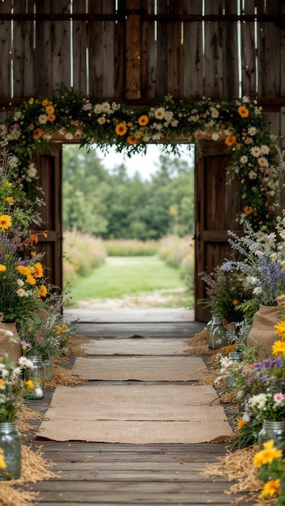 A rustic barn wedding setup with flowers and a natural aisle.
