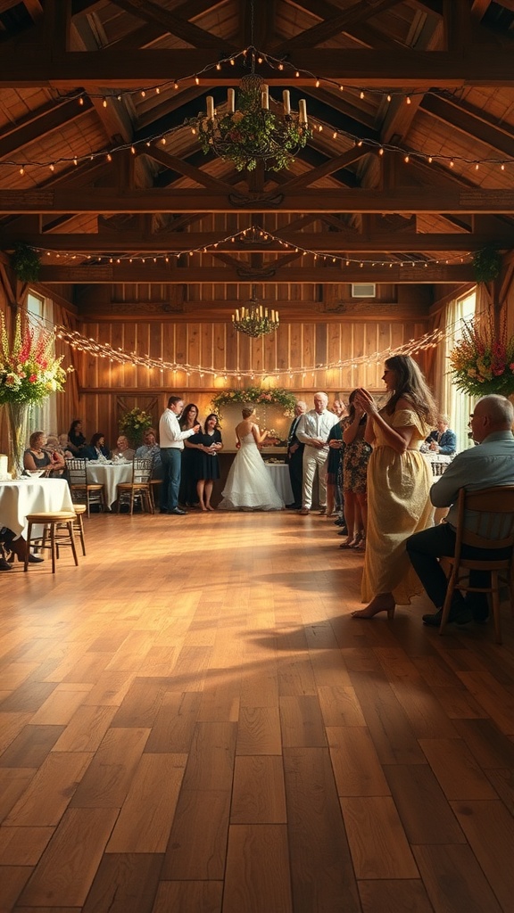 A rustic barn dance floor with wooden beams, twinkling lights, and guests enjoying a wedding celebration.