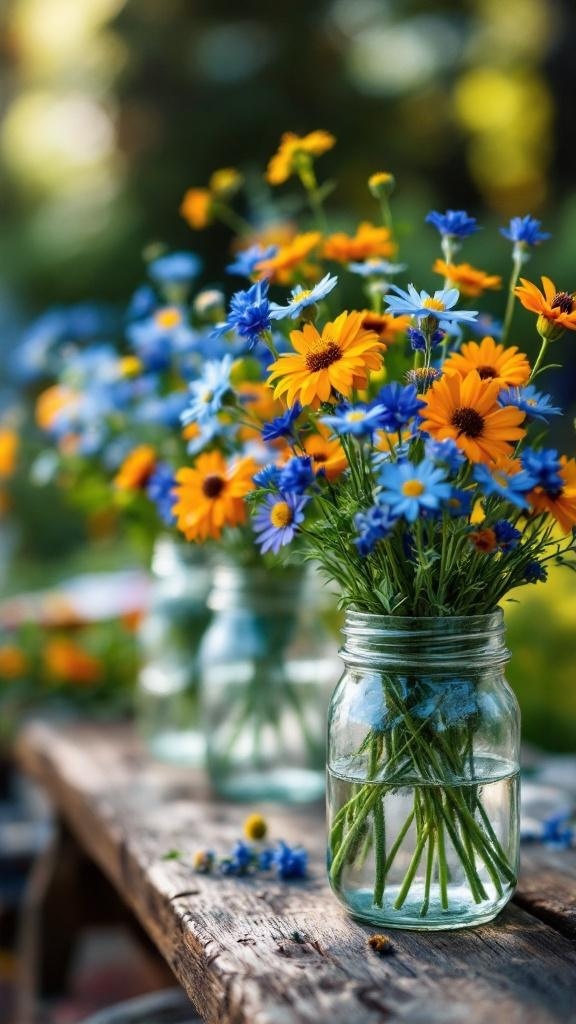 Mason jars filled with blue and orange wildflowers on a wooden table