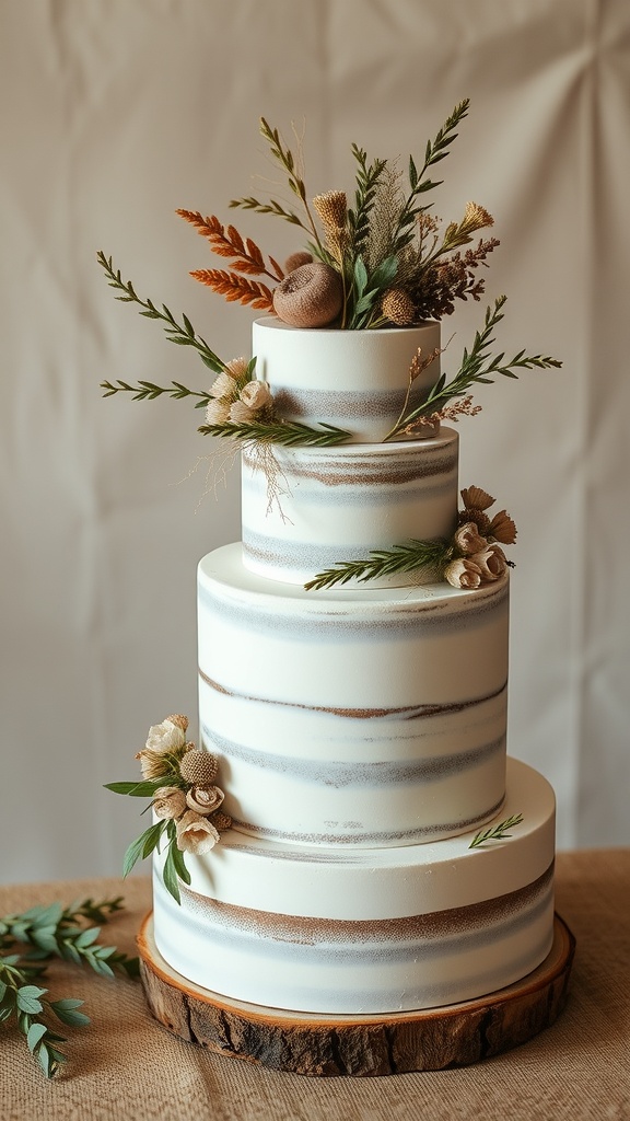 A three-tiered khaki green and white wedding cake adorned with dried flowers and herbs.