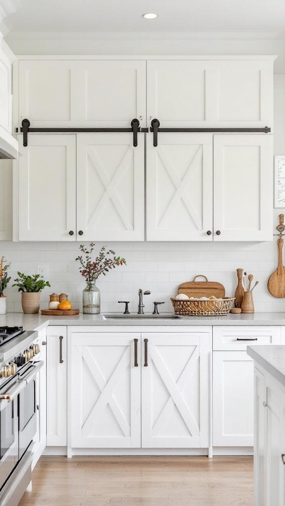 Rustic kitchen with barn door cabinets and warm wood accents.