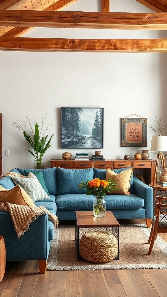 A cozy living room featuring a denim blue sofa with wooden accents and decorative pillows.