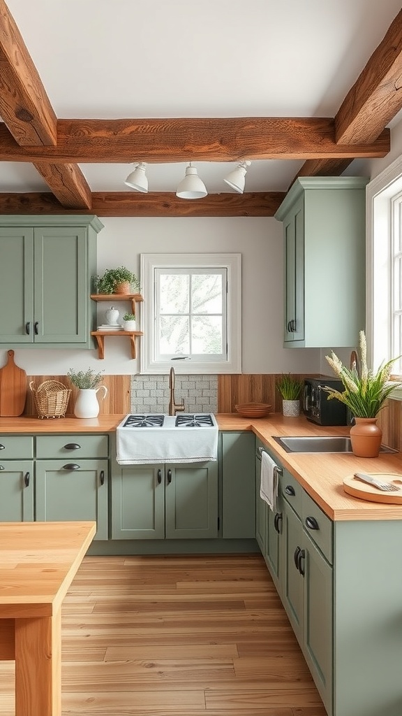 A rustic kitchen featuring sage green cabinets and wooden accents.