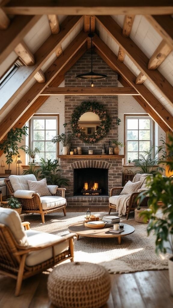 Cozy rustic farmhouse attic lounge with wooden beams and a brick fireplace.