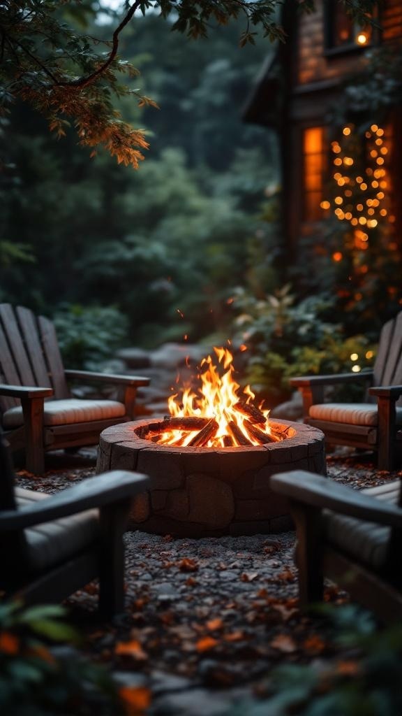 A rustic fire pit surrounded by wooden chairs, creating a cozy outdoor space.