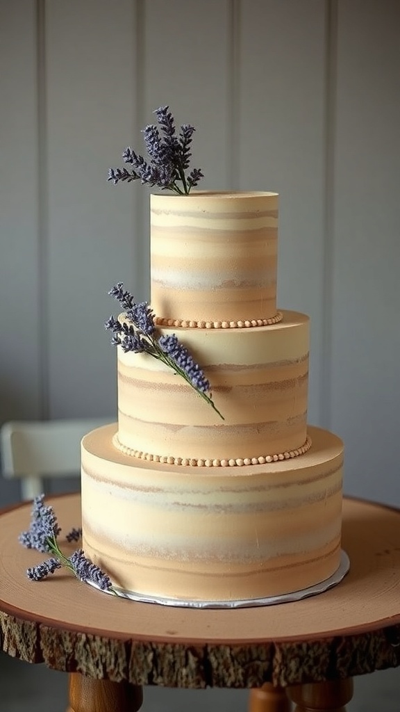 A rustic khaki tiered wedding cake adorned with dried lavender.
