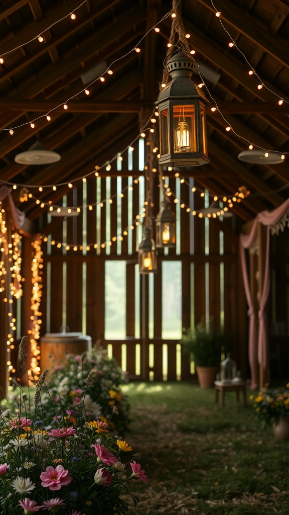 A rustic barn decorated with string lights and lanterns, surrounded by wildflowers.