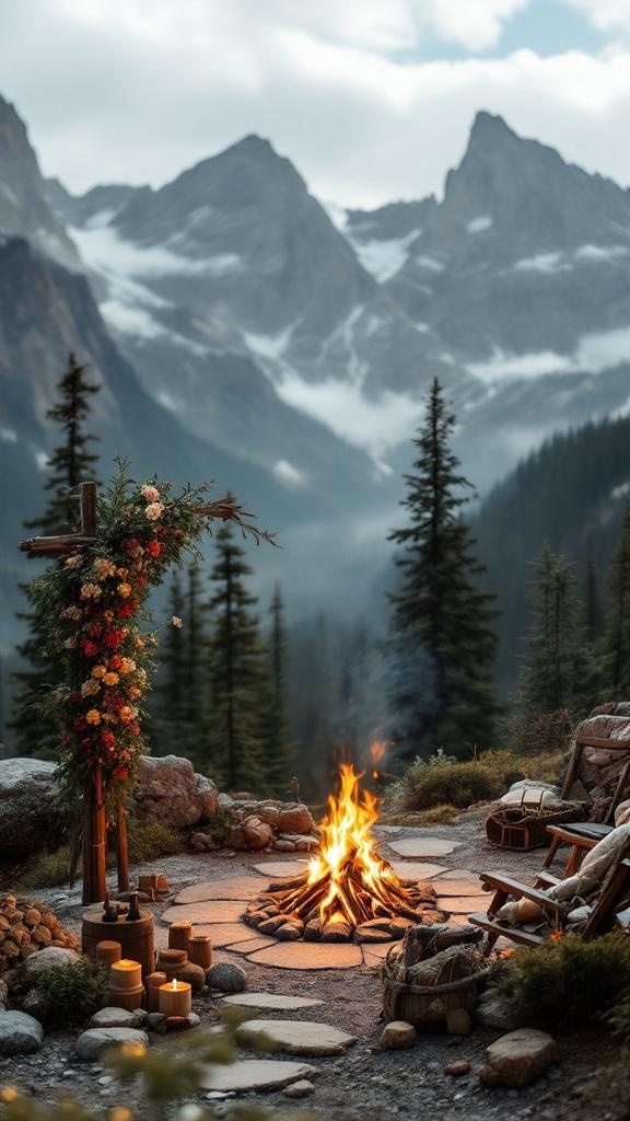 A rustic wedding setup in the mountains with a fire pit and floral decorations.