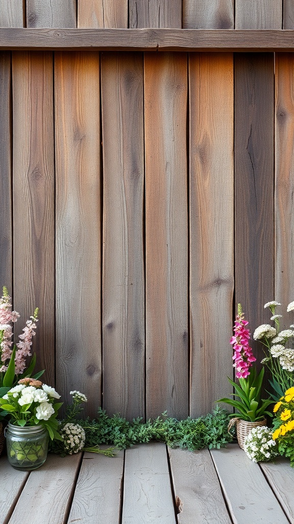 Wooden backdrop with wildflowers and greenery for rustic wedding photos