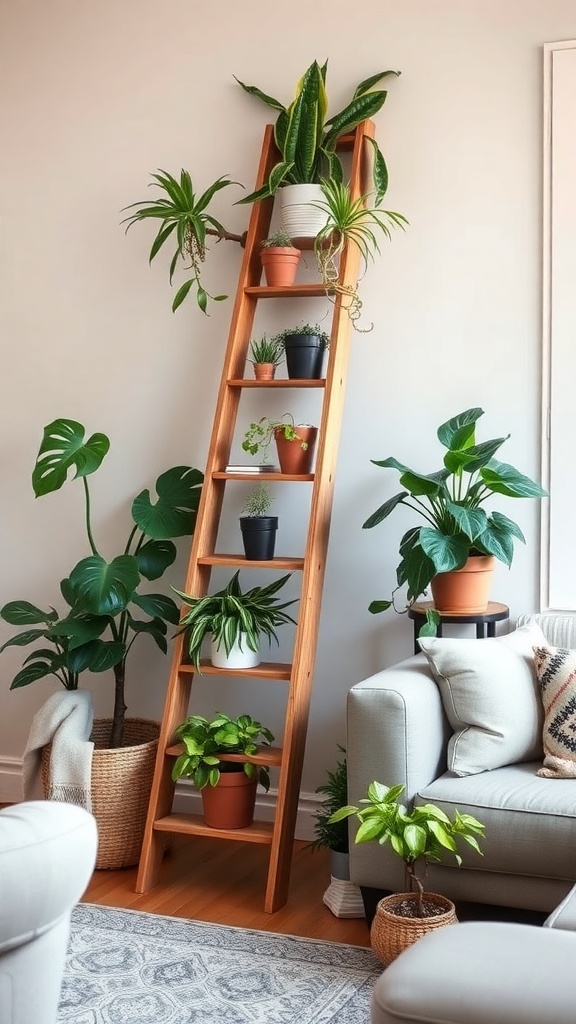 A wooden ladder displaying various potted plants in a cozy living room setting.
