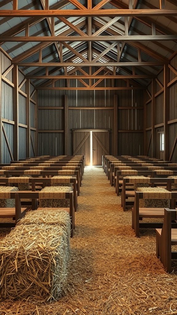 Interior of a rustic barn with wooden benches and hay bales for seating.